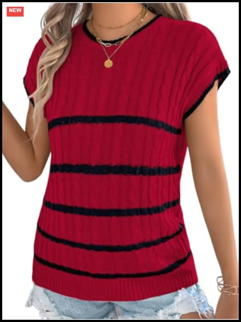 Women's Sleeveless Cable Knit Sweater Vest, Striped Crew Neck Tank Top